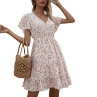 Ženske midi haljine-haljina A kroja s kratkim rukavima, ležerna ljetna haljina s cvjetnim dekolteom u obliku slova U u ružičastoj