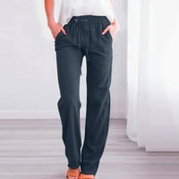 A / ženske široke hlače Plus size pamučne hlače s visokim strukom udobne jednobojne duge hlače s džepovima u tamnoplavoj boji