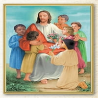 Slika Isusa s djecom na uokvirenoj ploči zidni umjetnički dekor srednje veličine, obrubljena ploča obrubljena svijetlim zlatom