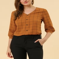 Jedinstvene ponude za žensku kariranu bluzu Provjerite casual v vrat gornji karamel xs