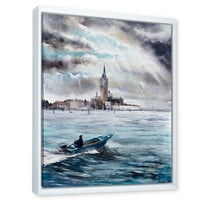 DesignArt 'brod koji se vraća u oluju nad Venecijom u Italiji' nautički i obalni uokvireni platno zidni umjetnički tisak