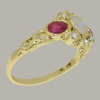 9-karatni prsten od žutog zlata britanske proizvodnje s prirodnim opalom, rubinom i kubičnim cirkonijem ženski jubilarni prsten -