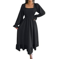 Ženska ležerna haljina s dugim rukavima s naborima, izrez u obliku slova U, Visoki struk, slojevite midi haljine s volanima