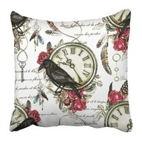 Akvarel cvijeće, ptičje perje, crna vrana i crvena Ruža, Vintage ključevi s jastučnicom sa satom