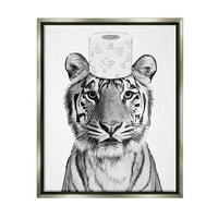 Stupell Industries Tiger toaletni papir kupaonica životinje i insekti slikati sivi plutasti uokvireni umjetnički print zidna umjetnost
